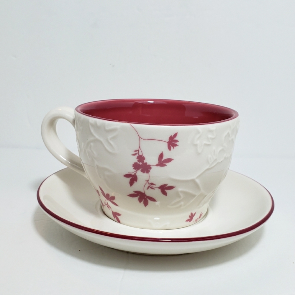 Starbucks 2006 Embossed Leaf Mug Cup and Saucer Pink Cream 9 oz - Picture 4 of 14